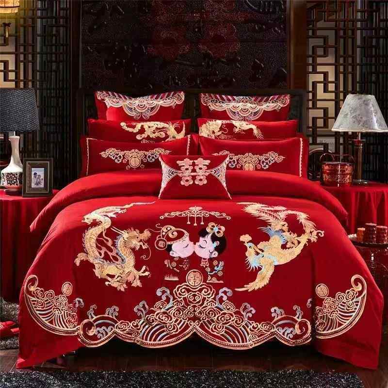 婚庆四件套大红全棉龙凤刺绣陪嫁新婚喜被婚床结婚房纯棉床上用品