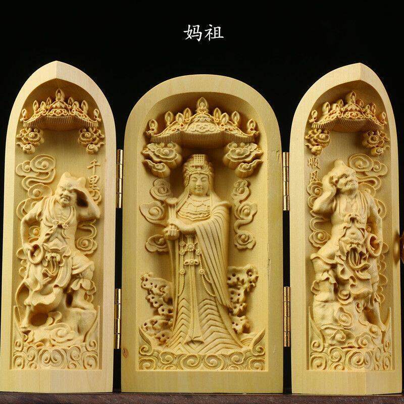 湄洲岛妈祖玻璃罩站像妈祖千里眼顺风耳黄杨木摆件