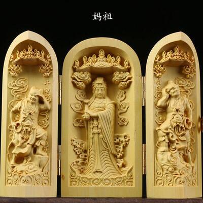 湄洲岛妈祖玻璃罩站像妈祖千里眼顺风耳黄杨木摆件