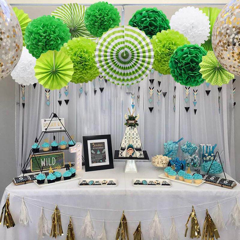 绿色纸花球纸扇花扇套装饰清新夏威夷森林主题教室派对背景墙吊饰