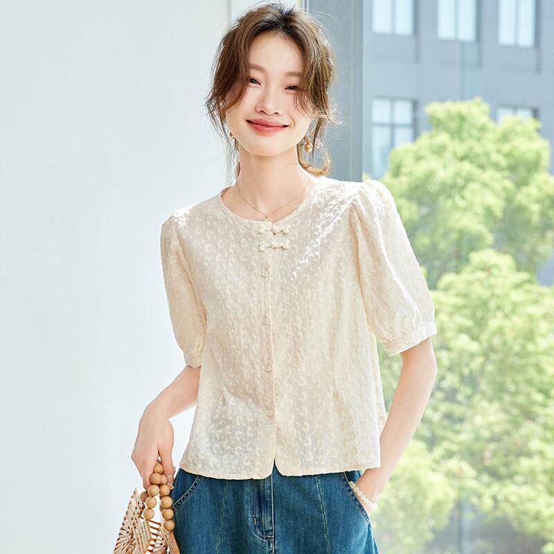纯棉提花法式白领短袖衬衫女夏季2025新款爆款薄款轻奢高级感上衣