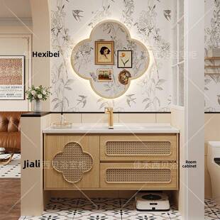 Sabi原木风格 集成陶瓷盆藤浴室柜组合浴室洗脸盆洗脸盆 Wabi 日式