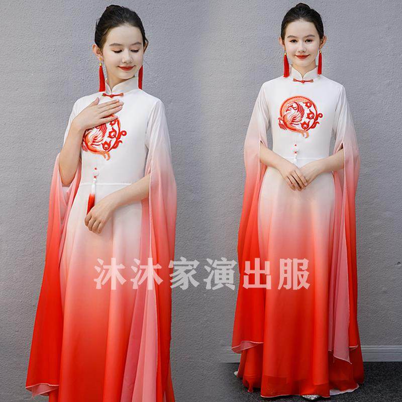 高档女童红色古筝演出服国风儿童弹中古筝演服中童出艺考民大乐演图片