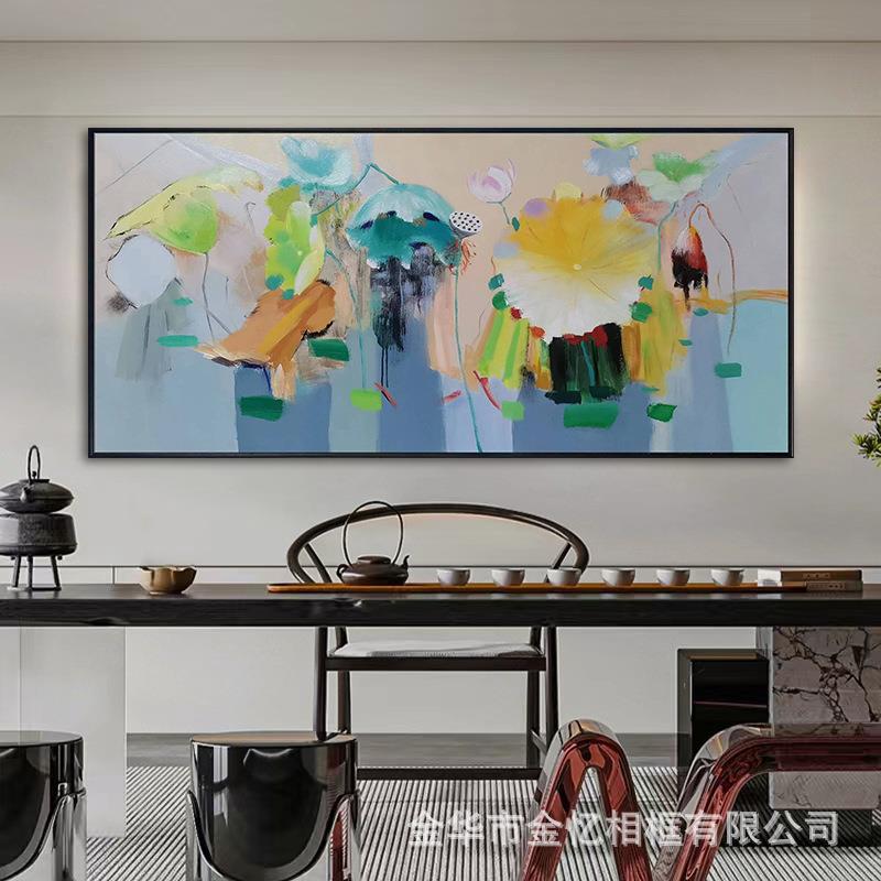 纯手绘新中式禅意装饰画客厅横幅大尺寸油画荷叶荷花抽象挂画