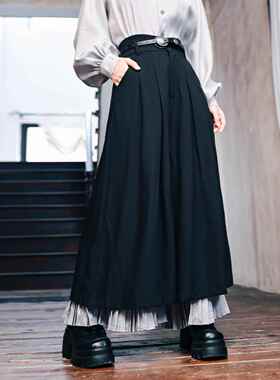 古怪舍「铸魂」新中式双层压褶大阔腿裙裤女黑色国风高腰显瘦裤子