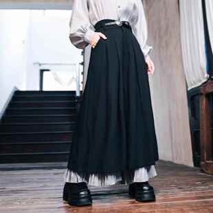 古怪舍「铸魂」新中式双层压褶大阔腿裙裤女黑色国风高腰显瘦裤子