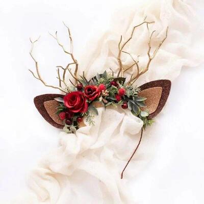 Cute Reindeer Headband Flower Antler Headwear Christmas Elk