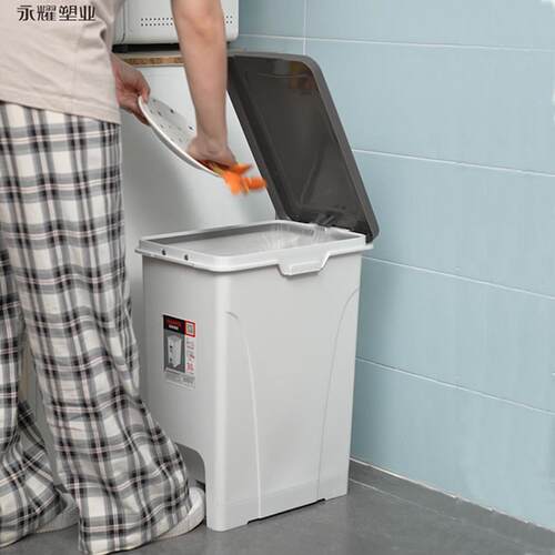 YONNYO脚踏垃圾桶 厨房专用长方形30L大容量 白灰色塑料家用25L客