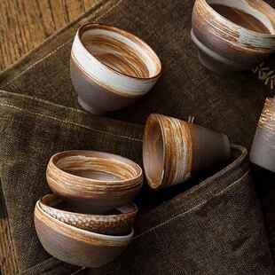 复古柴烧日式手工陶瓷仿古主人杯品茗功夫茶具粗陶大碗茶杯刻LOGO