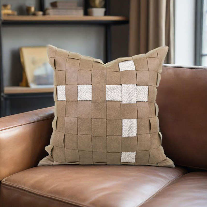 有料美家|高端样板间轻奢新中式米咖色拼接编织工艺沙发抱枕靠垫