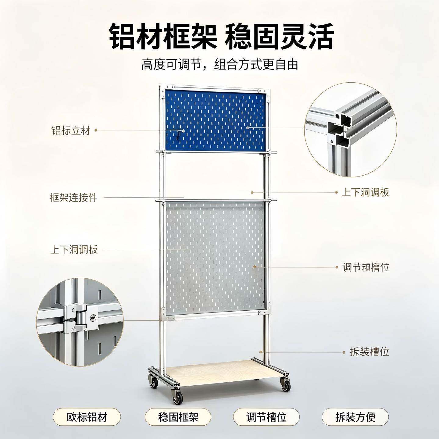 工位垂直收纳洞洞板展示架铝型材带轮移动电竞外设配件整理架子