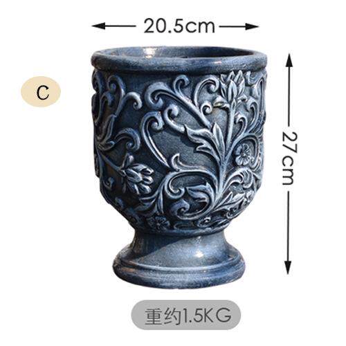 缸灰黑色花盆花器欧式子仿氧化镁法式小花简约浮雕盆复古石花装饰