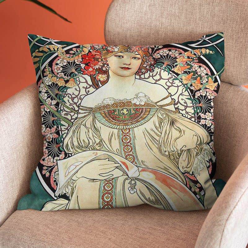 穆夏02覆古欧式超柔短绒家居艺术抱枕套沙发靠垫汽车腰枕来图定制