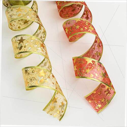 Christmas double gold printing mesh ribbon hook圣诞丝带