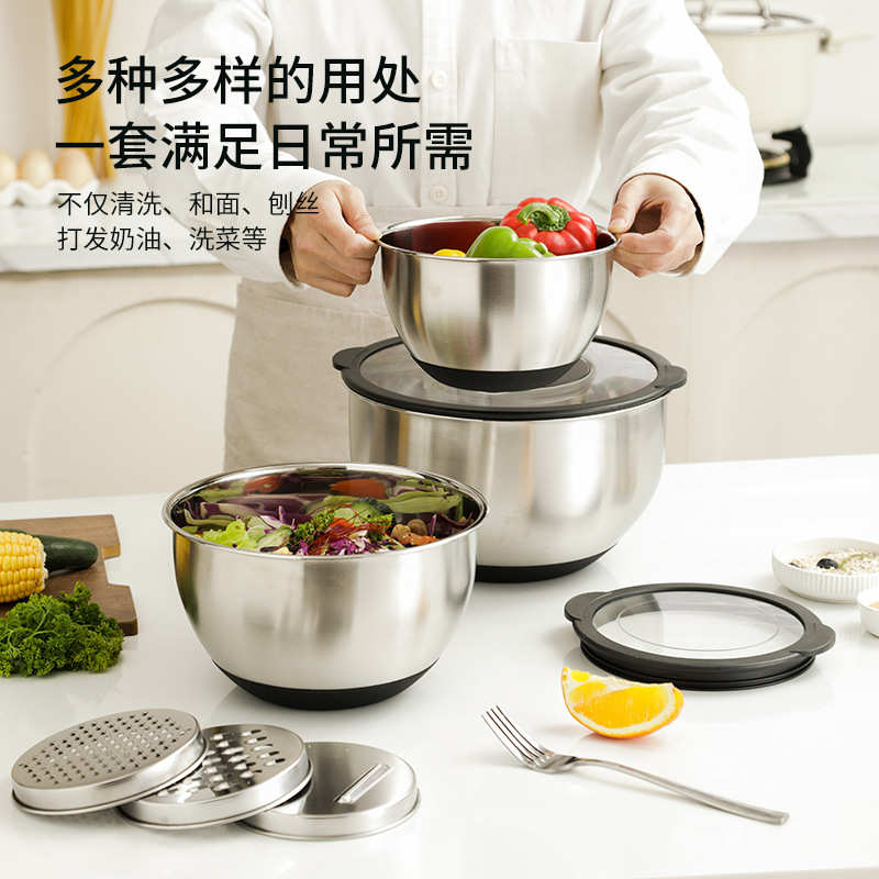 热销加厚不锈钢套盆可视日式料理盆硅胶底防滑沙拉碗打蛋盆