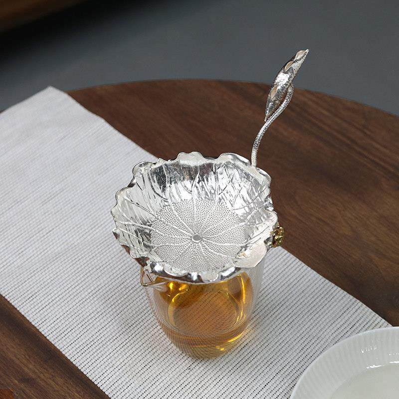 纯银999茶漏纯手工一张打茶叶过滤网茶具泡茶器茶虑茶隔漏斗 银荷