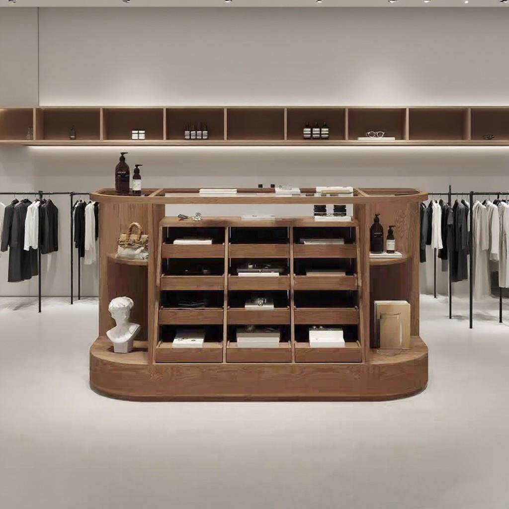 覆古实木多层多格圆弧服装店中岛柜台饰品店展示边柜新款整装展台