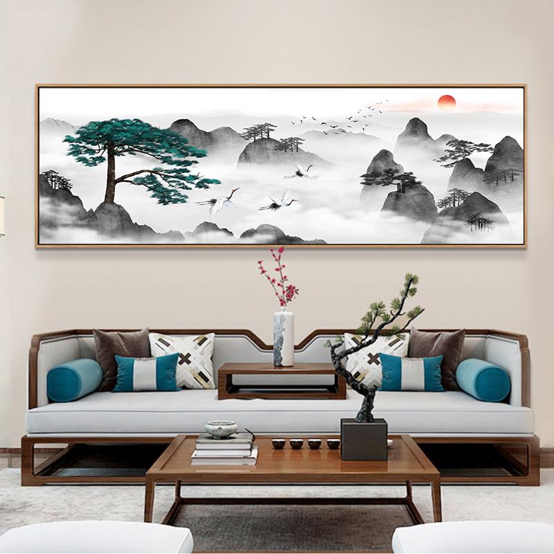 办公室山水画新中式挂画客厅沙发背景墙水墨画壁画茶台后面装饰画
