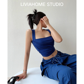 liviahome 欧美性感方领紧身褶皱蓝色背心女夏短款露脐无袖上衣