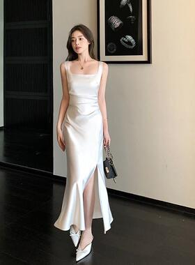 但你butyou白色连衣裙女夏季法式长款订婚聚会礼服气质缎面吊带裙