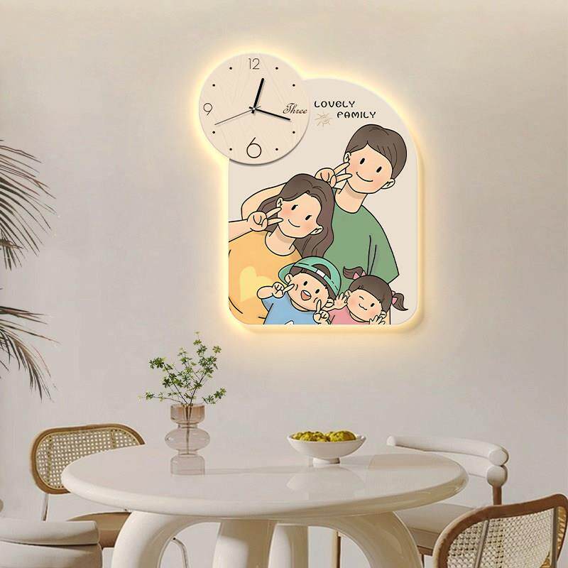 一家三四口时钟表挂钟客厅家用挂画网红饭厅装饰画创意挂墙壁画灯