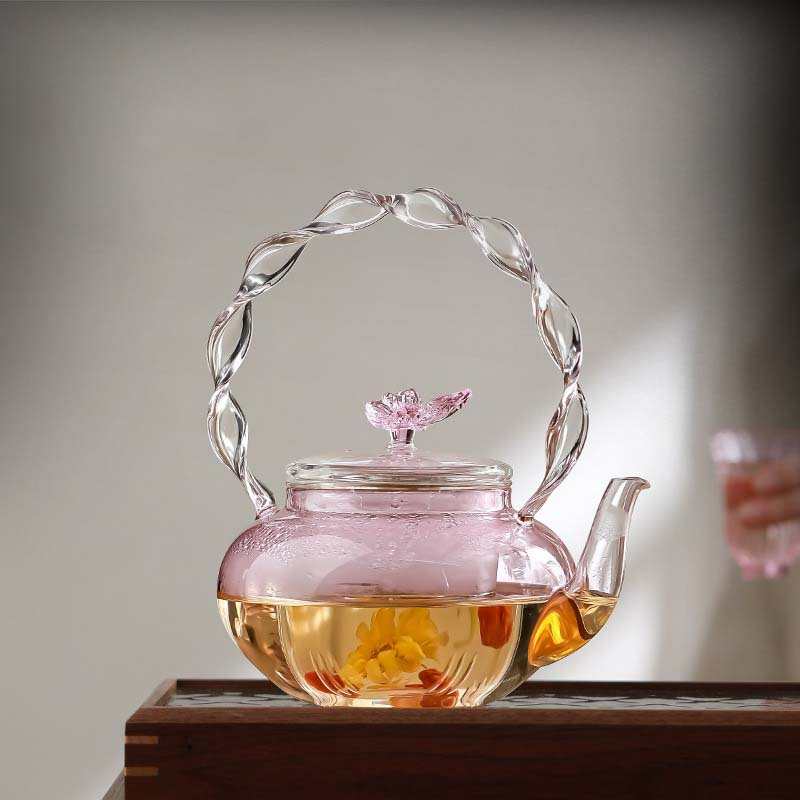 粉色蝴蝶茶壶可电陶炉加热高硼硅玻璃简约加厚蒸煮茶壶耐高温茶壶