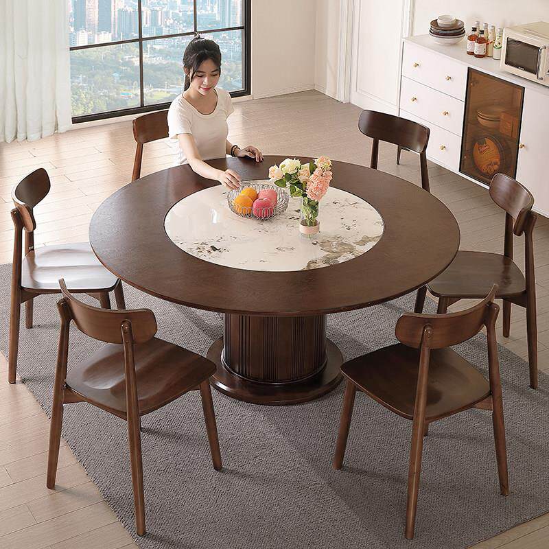 新中式全实木餐桌椅组合2025新款白蜡木岩板转盘家用10人圆形饭桌