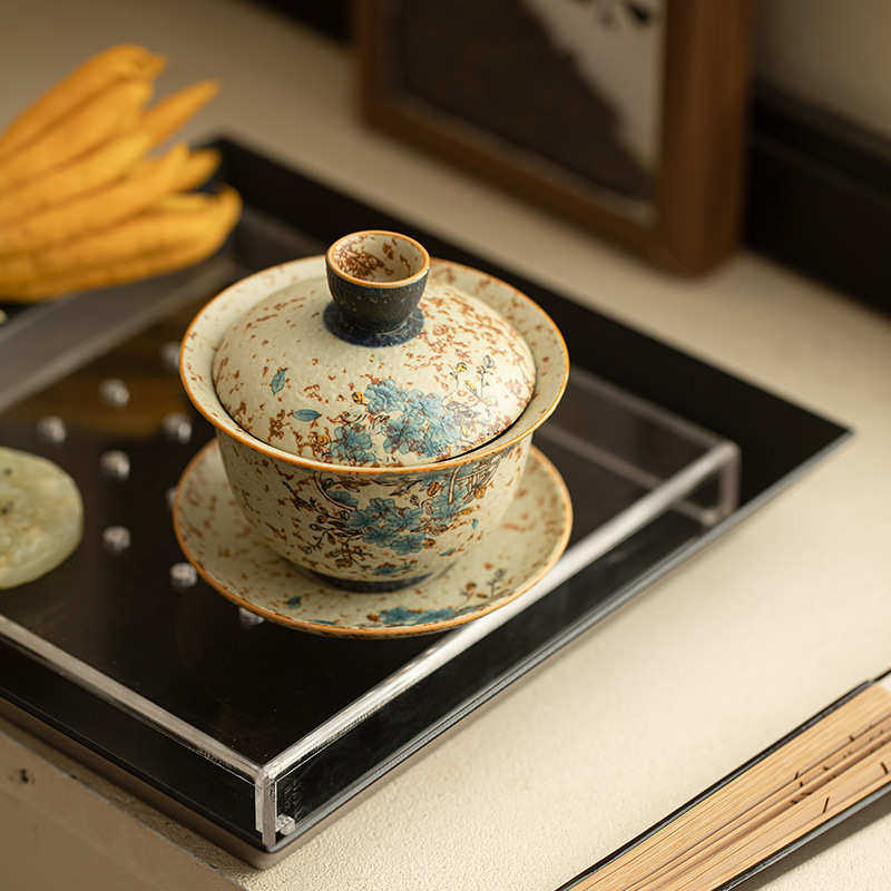 复古手工粗陶开窗盖碗陶瓷茶具三才盖碗可悬停泡茶碗闷茶碗敬茶碗