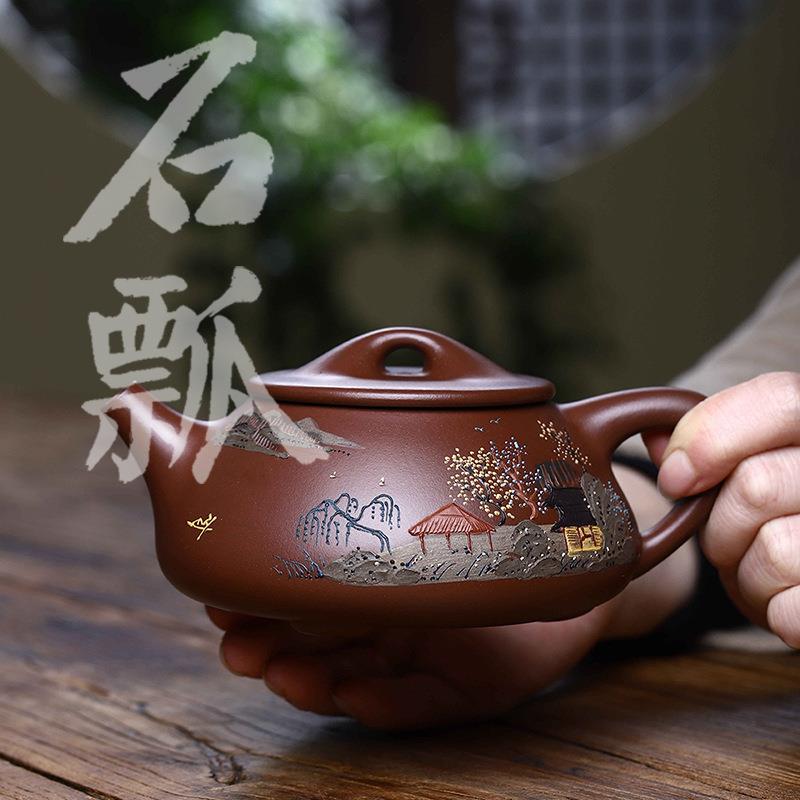 宜兴原矿紫砂壶全手工制作紫泥景舟石瓢泥绘山水厂家一件起批茶壶