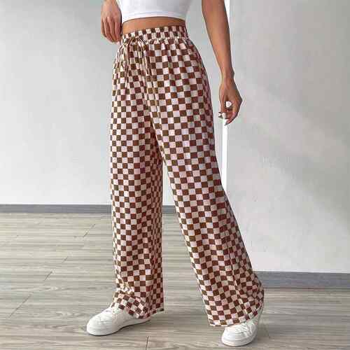 Women's checkered printed straight leg wide leg pants
