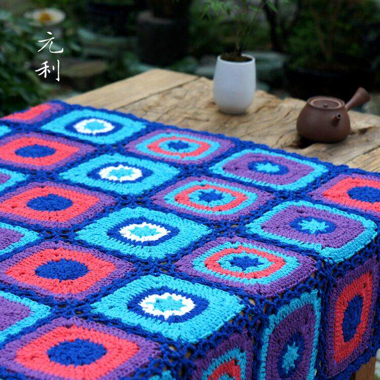 手工钩针编织拼花北欧风毛线桌布桌旗沙发毯子地毯飘窗垫个性定制