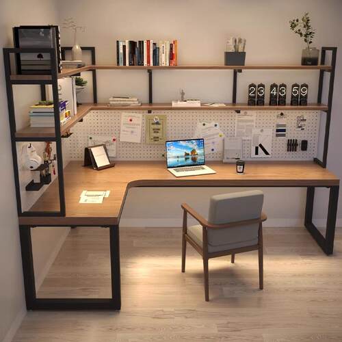 洞洞板书桌书架组合实木转角电脑桌拐角双人长书桌L型工作台