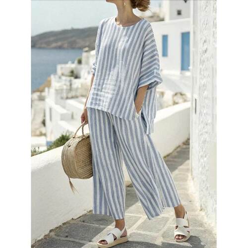 Casual Set Round Neck Three-Quarter Sleeve Blouse + Long