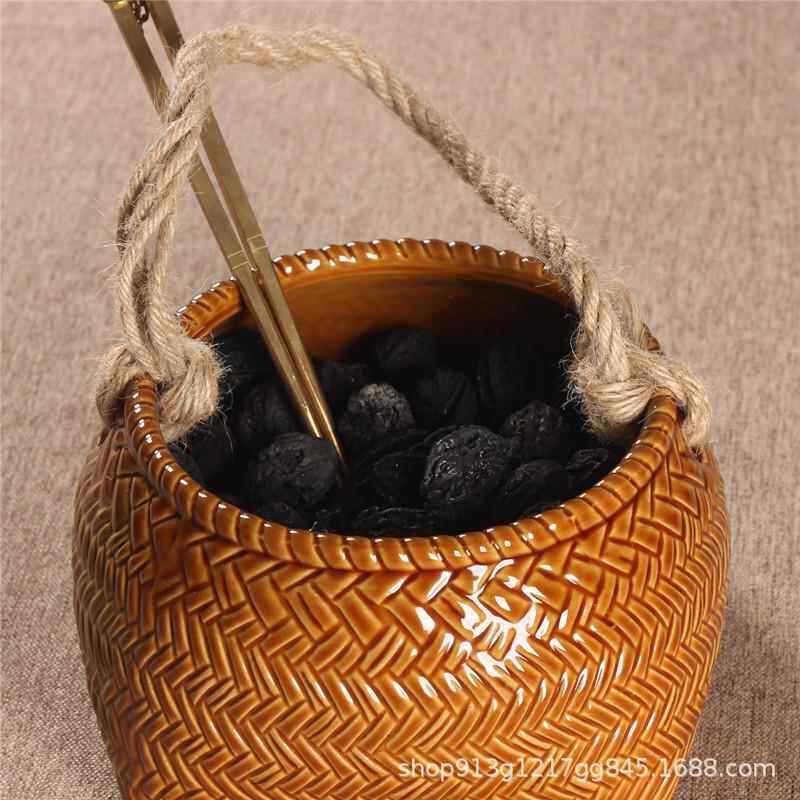 陶瓷织碳篓道茶件复古编碳篮子家用龙眼炭配核桃橄榄装炭盆FGTB02