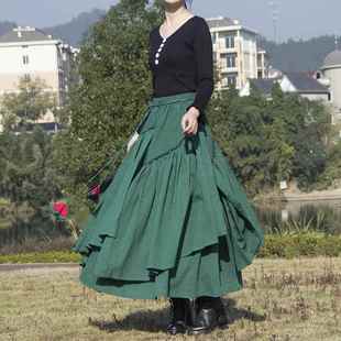 春秋新款民族风复古提花棉麻半身裙不规则下摆摆长裙蓬蓬裙女定制