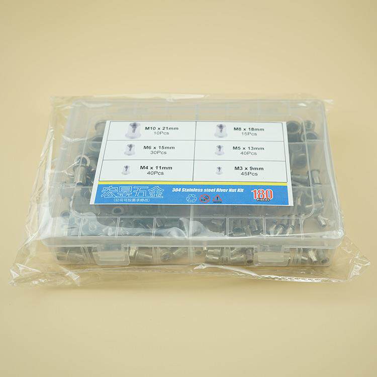 180pcs 304不锈钢圆柱竖纹平头铆螺母套装M3-M10盒装套装