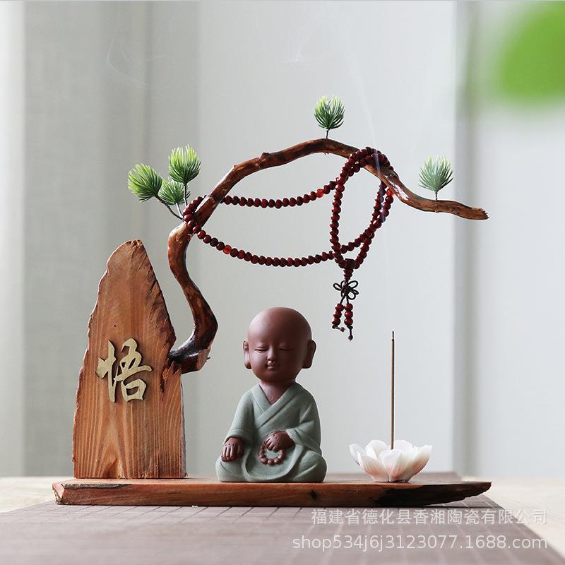 创意中式紫砂小和尚茶宠摆件禅意风化木办公室茶室工艺品家居饰品