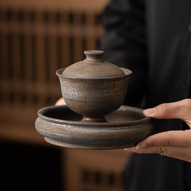 新款直销仿古窑变鎏金复古盖碗壶承干泡盘陶瓷泡茶器不烫手功夫茶