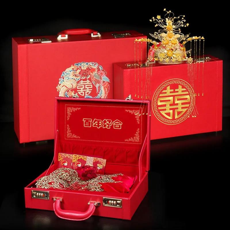 陪嫁箱结婚装钱彩礼箱红色皮箱喜箱嫁妆箱礼金箱秀禾婚礼服收纳箱