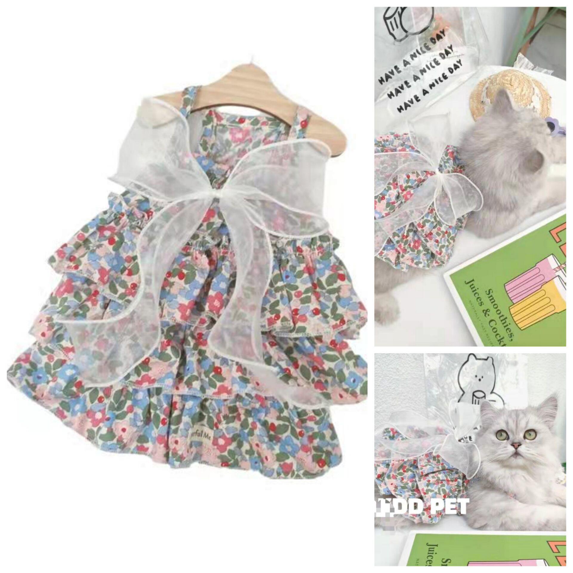 现货亚马逊 春夏狗衣服 猫咪服饰 宠物棉碎花吊带裙 网纱裙子礼服