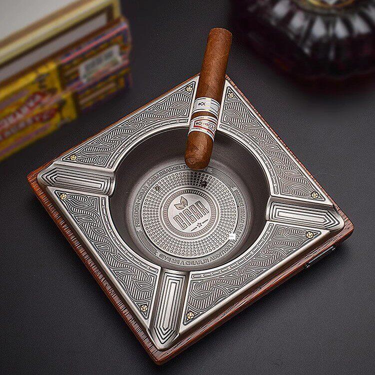 高端雪茄特别烟灰缸菠萝网格实木金属时尚覆古创意大型办公室烟灰