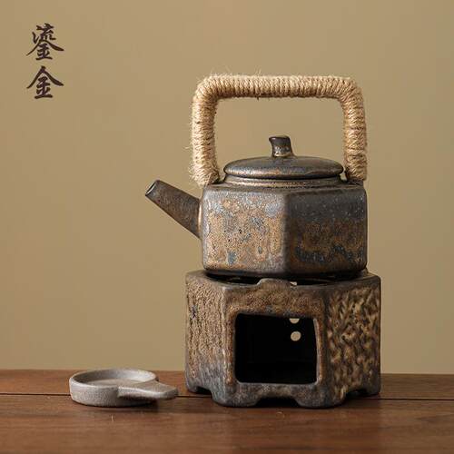 铁锈釉麻绳提梁壶茶具茶壶陶瓷日式复古手工鎏金粗陶功夫泡茶单壶