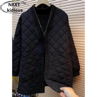 香港大码无领V领黑色菱格棉服外套女中长款胖mm夹棉上衣冬装新款