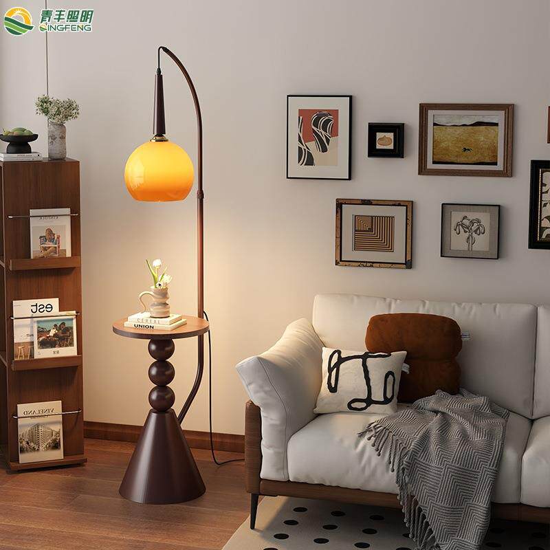 落地灯置物架一体中古风客厅高颜值卧室床头灯氛围感护眼柜台灯