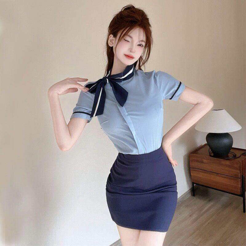 性感职业装制服女修身短袖蓝色衬衫包臀短裙美容院足浴技师工作服
