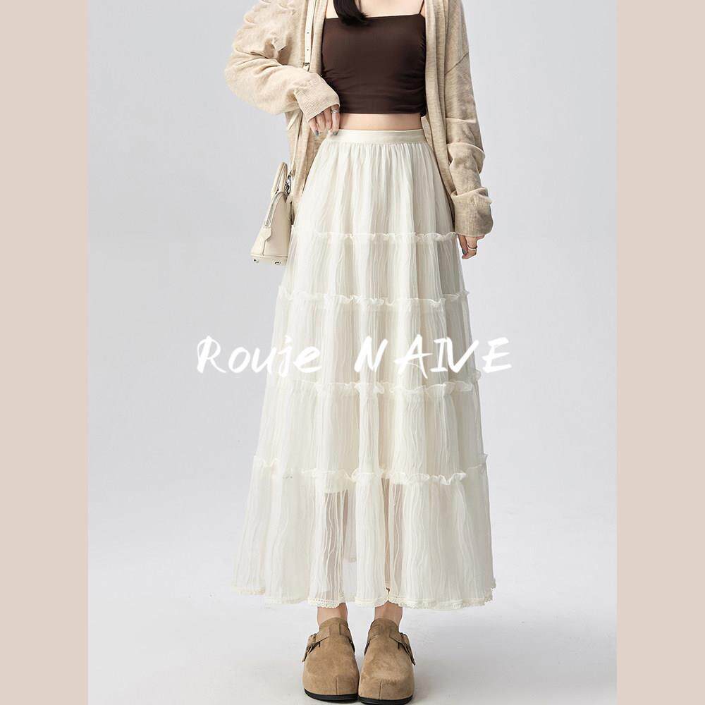 Rouje NAIVE白色网纱蛋糕裙半身裙女高腰A字大摆长裙多层裙蓬蓬裙