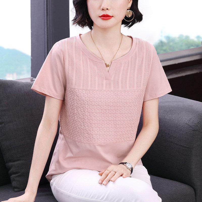 休闲风V领妈妈装时尚短袖T恤女夏季2026新款纯棉拼接绣花宽松上衣