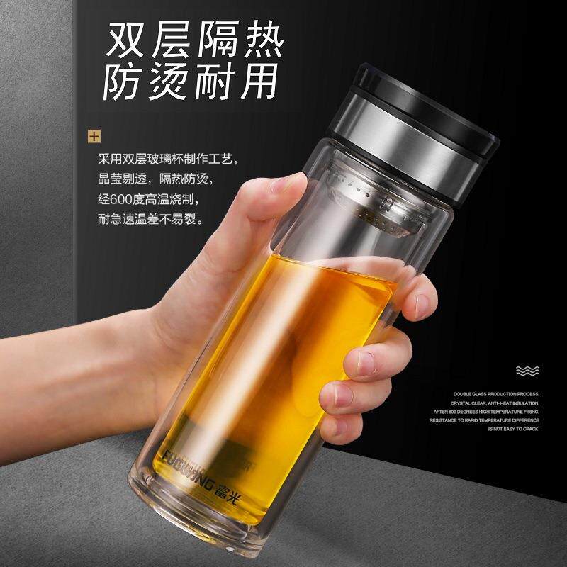 尚宇大提环玻璃杯G1707加厚双层水杯便携带过滤办公耐热茶杯