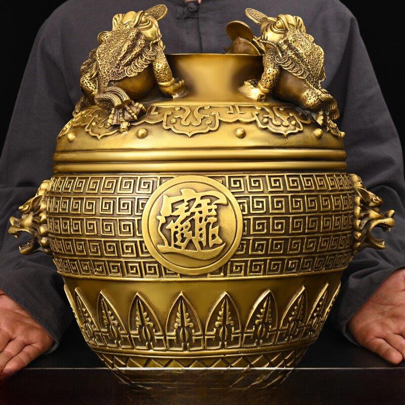黄铜缸四方纳财存钱罐金蟾铜缸聚宝盆大号缸客厅办公室店铺礼品纯