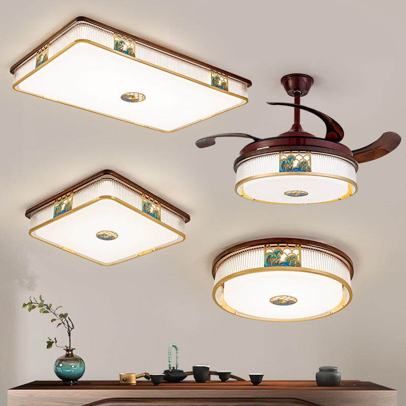 全铜实木新中式客厅吸顶灯别墅大厅主灯圆形家用卧室灯风扇餐厅灯